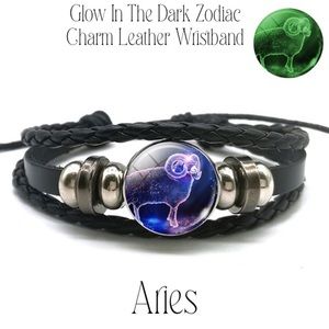 Aries Ram Glowing Zodiac Sign Leather Wristband